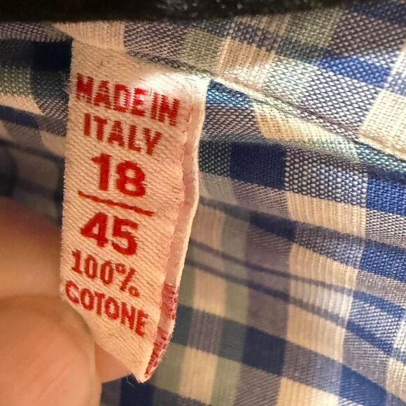 Isaia Men's Blue Green & White Plaid Long Sleeve Button Down Sz 18 / 45 Shirt - Picture 2 of 7